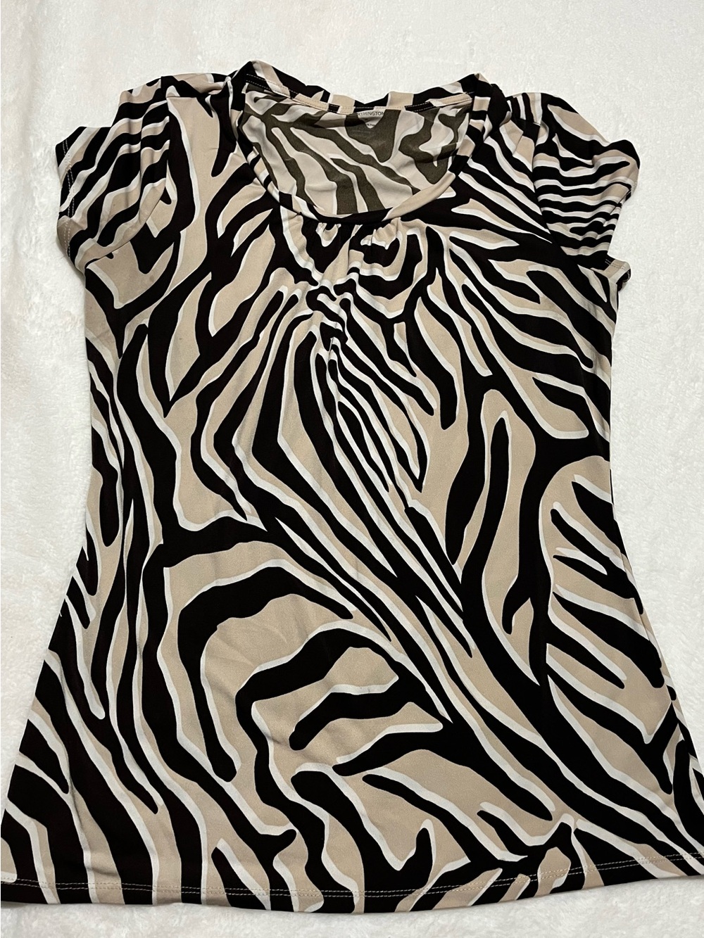 Worthington Zebra-Print Short Sleeve Top in Black & Beige